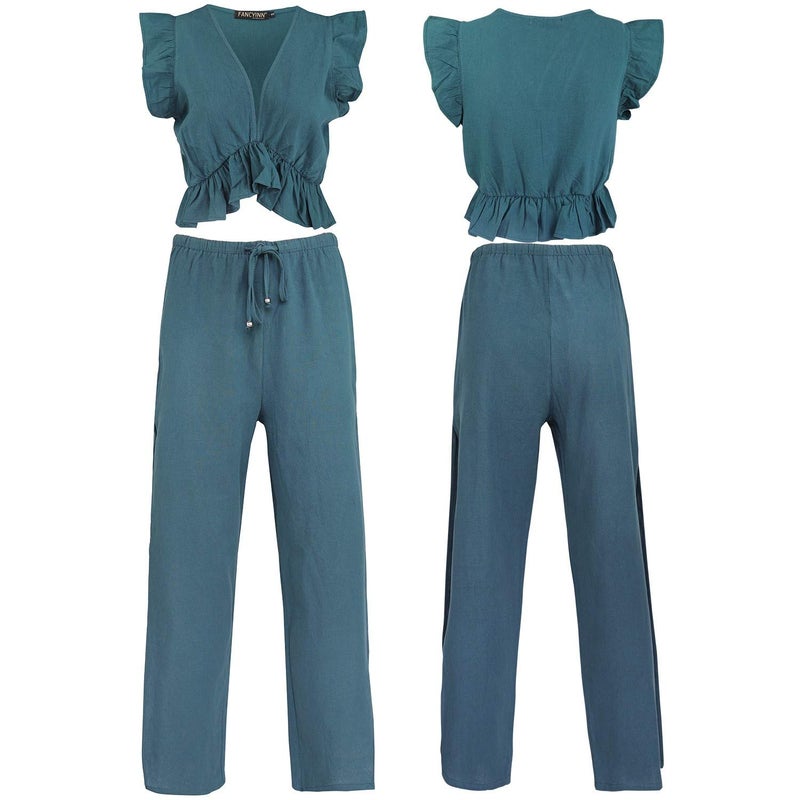 FANCYINN Womens Teal Bule Two Pieces Outfits Deep V Neck Crop Top Side Slit Drawstring Wide Leg Pants Set Jumpsuits L - Image 5